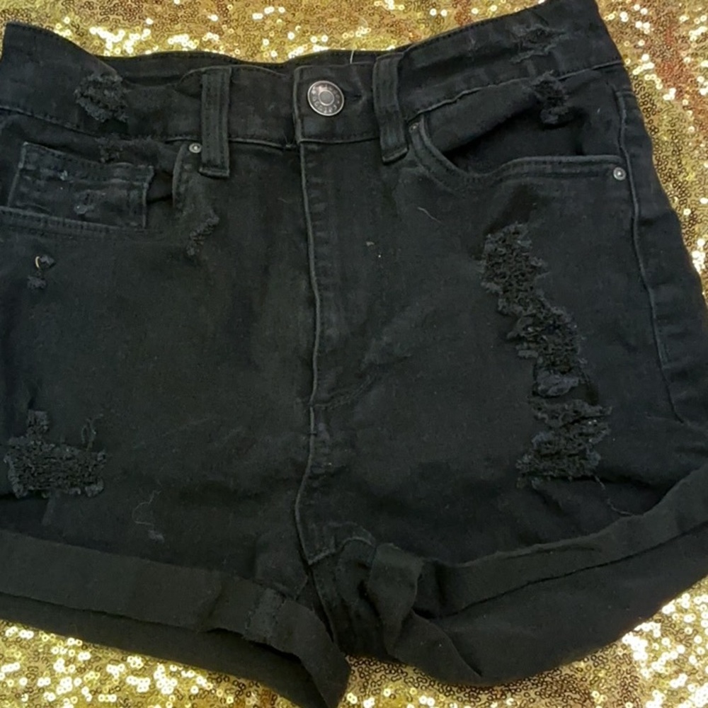 Black Distressed Jean Shorts with Rolled Hems
